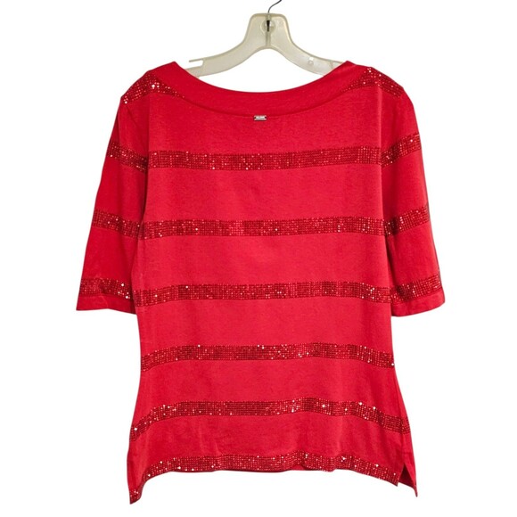St. John Top Shirt Womens M Red T-Shirt Rhinestones Embellished Short Sleeve - Picture 2 of 16